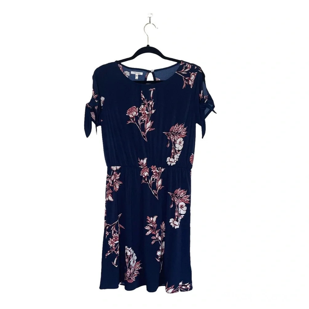 Maurices Navy Blue Floral Print Empire Waist Cold Shoulder Dress Small Women’s
